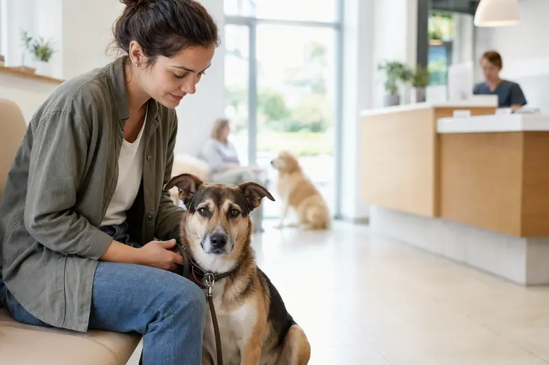 Pariahund sitzt ruhig neben seinem Besitzer im hellen Wartezimmer einer modernen Tierarztpraxis.
